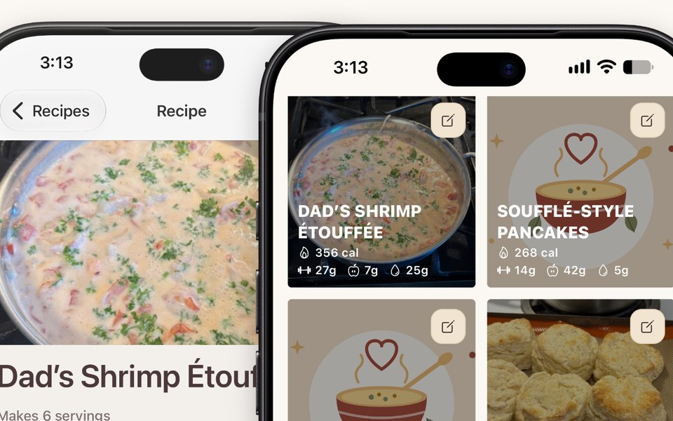 CraveSmart recipe screen for shrimp étouffée beside the recipe box, with calories and macros on each card